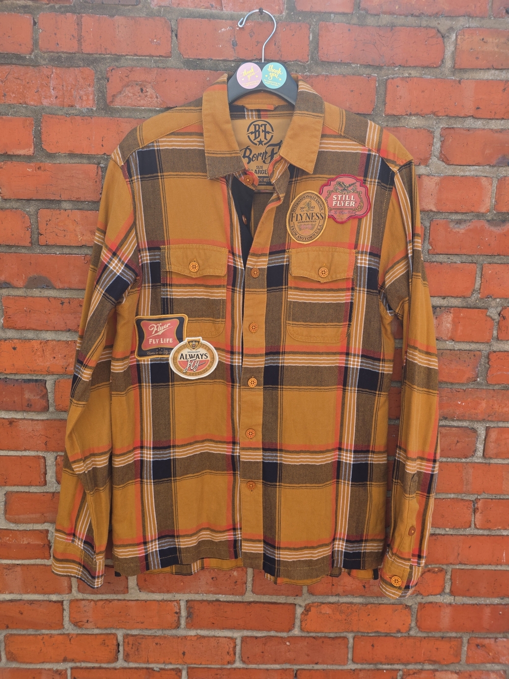 Born Fly Plaid Flannel Shirt Men Large Red Navy Graphic Sleeve Streetwear Button